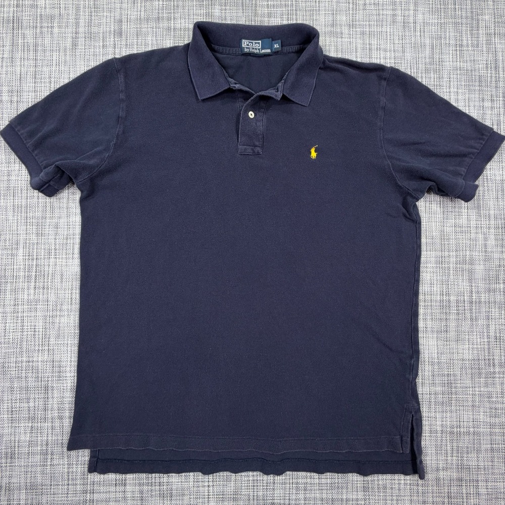 Polo Ralph Lauren Mens XL Navy Cotton Pique Polo Shirt Short Sleeve Yellow Pony